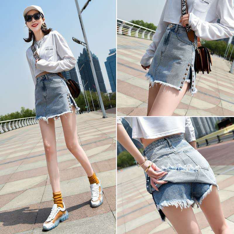 ◐✸✽Váy denim nữ hè 2021 mới ngắn cạp cao một trong hai giả quần culottes siêu hot [đăng ngày 8/3] <