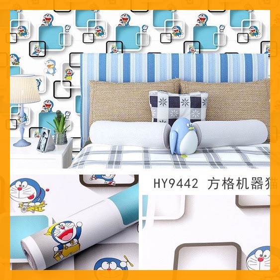 Giấy Dán Tường Sẵn Keo Doremon Ô Vuông :.Có thể dán trên bề mặt vật liêu mịn như tường sơn,kính, gạch,tủ, đồ nội thất,bọ
