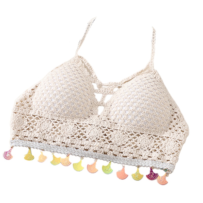 Brroa Áo Ngực Cổ Chữ V Có Đệm Dệt Kim Rỗng Nhiều Màu Sắc Kèm Vỏ Kim Loại Cho Nữ Đi Biển Tas