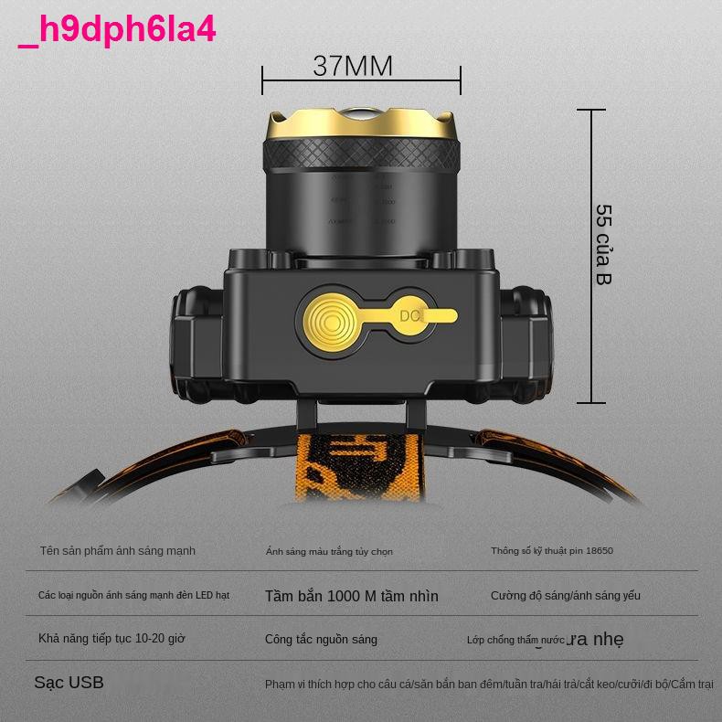 Đèn pha LED ánh sáng mạnh pin gắn đầu siêu gia dụng ngoài trời tầm xa có thể sạc lại câu cá đêm xenon thợ mỏ