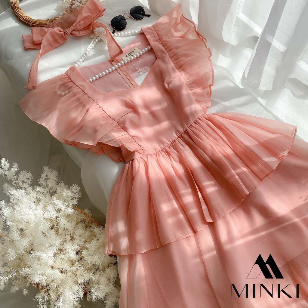 ĐẦM HỒNG XẾP LI VAI 3 TẦNG CỘT VAI - CHẤT LIỆU CAO CẤP - MÀU HỒNG TIỂU THƯ | BigBuy360 - bigbuy360.vn