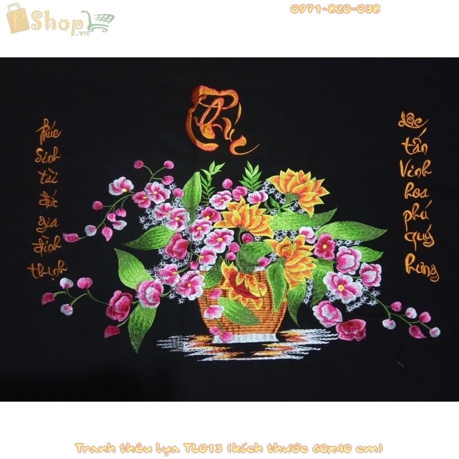 Tranh thêu thành phẩm Giỏ hoa Lan chúc phúc TL013 kt 60x40 - Tranh thêu lụa truyền thống