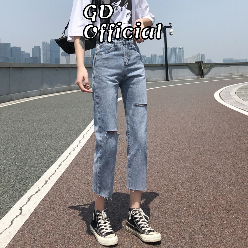 D1/83|Quần bò jean denim nữ xanh trơn cạp lưng cao ống rộng suông baggy thẳng dài rách gối ngắn S/M/L/XL GD Official