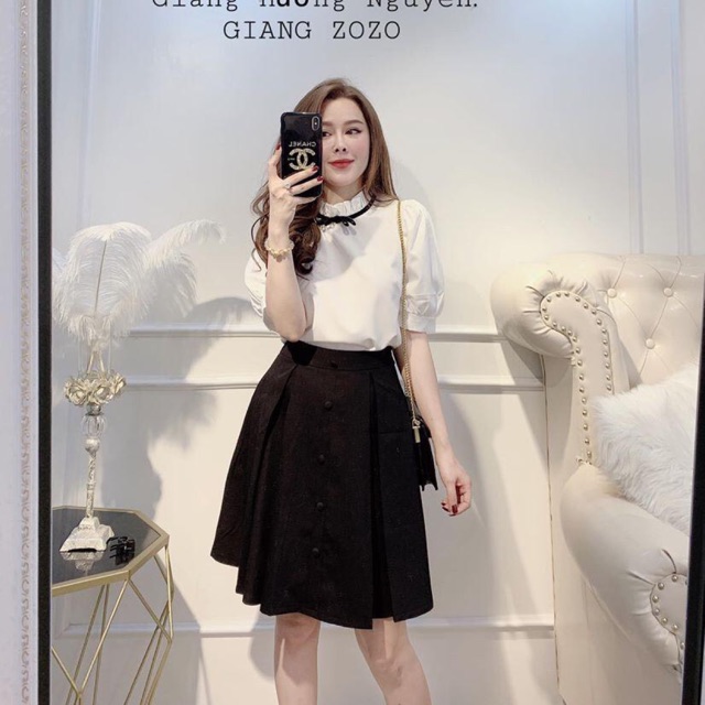 Set áo sơ mi kết hợp chân váy xoè cúc nữ hot