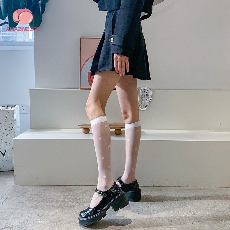 Vớ Cổ Cao Qua Đầu Gối Màu Đen Trong Suốt In Họa Tiết Trái Tim Phong Cách Nhật Bản Thời Trang Cho Nữ