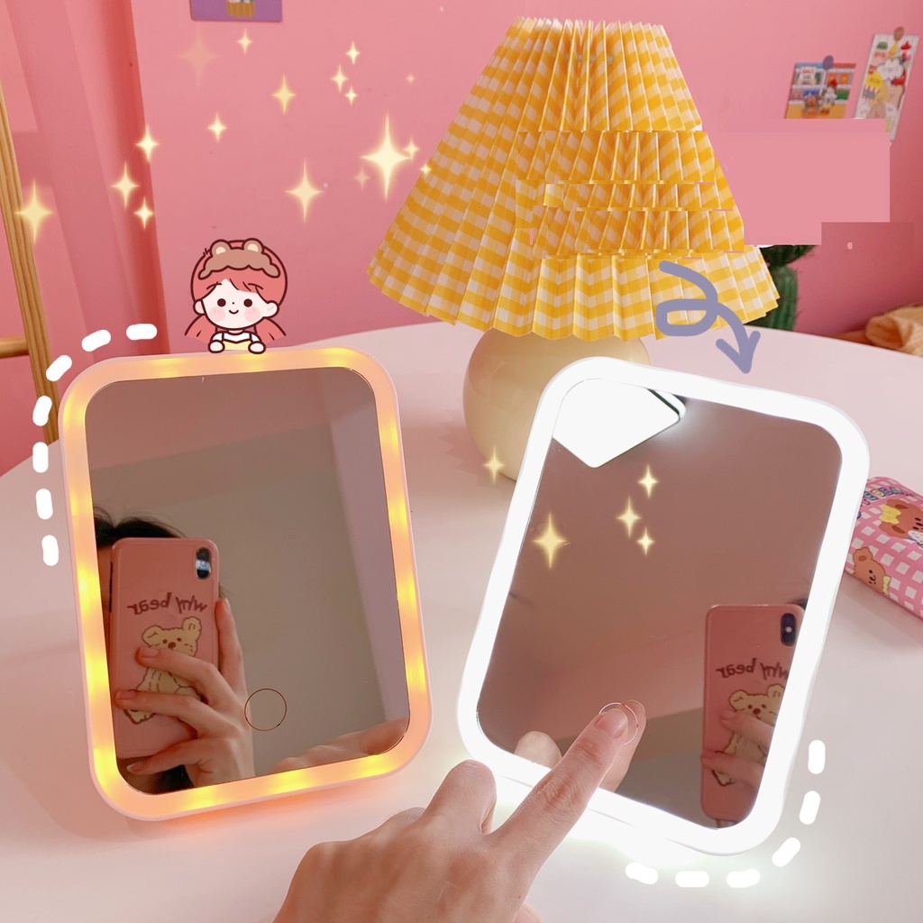 Gương để bàn đèn có LED hình chữ nhật cảm ứng với 3 chế độ sáng - Gấu Xám House