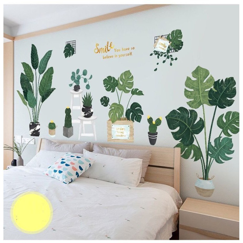 Giấy dán tường hoa lá cây xanh trang trí phòng khách phòng ngủ - Decal hoa lá trang trí tường có sẵn keo dán