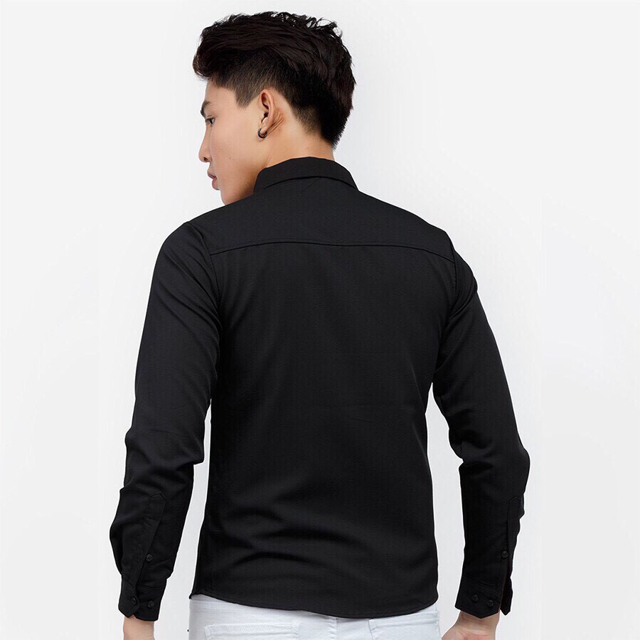 Áo sơ mi nam dài tay đen, vải lụa Thái không nhăn