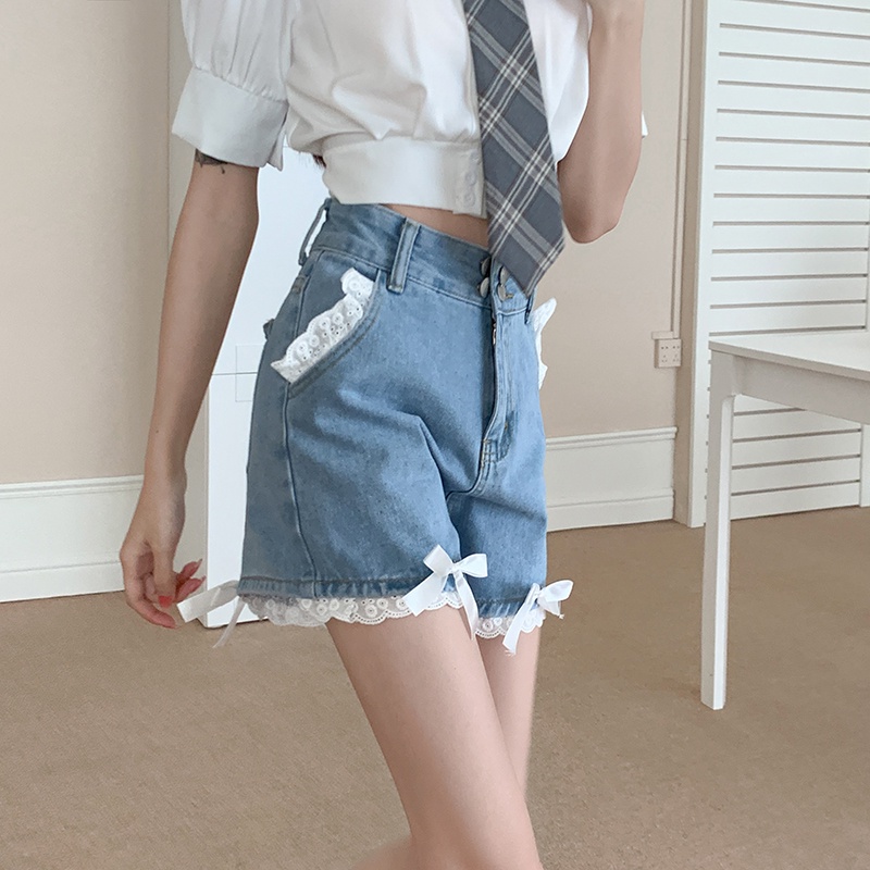 Quần Short Denim Ống Rộng Viền Ren Mới Kiểu Retro Hàn Quốc