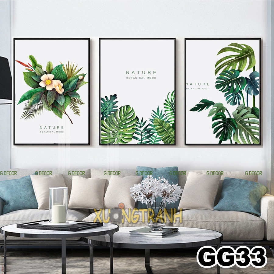 Tranh treo tường canvas 3 bức phong cách Bắc Âu 29, tranh lá trang trí phòng khách, phòng ngủ, phòng ăn, spa, cửa hàng