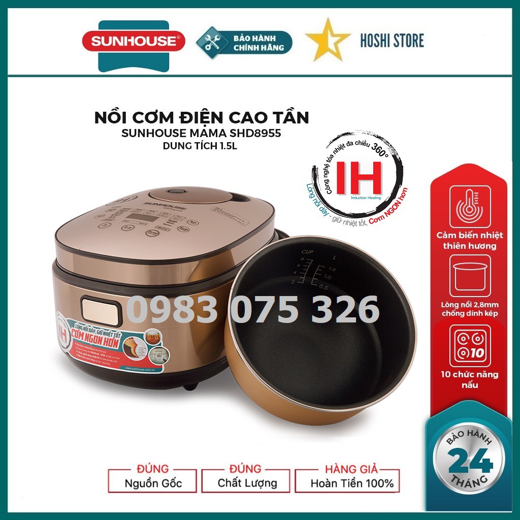 NỒI CƠM ĐIỆN CAO TẦN 1.5L SUNHOUSE MAMA SHD8955, hàng mới 100%, bảo hành 2 năm, nồi siêu dày siêu bền, đa chức năng