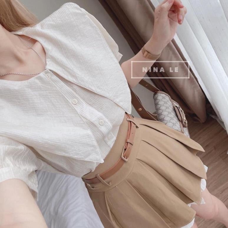 [NEW] Set Áo Sơ mi Cổ Nhọn Mix Chân Váy Xếp Ly Nâu Kèm Đai ( Hàng Sẵn)