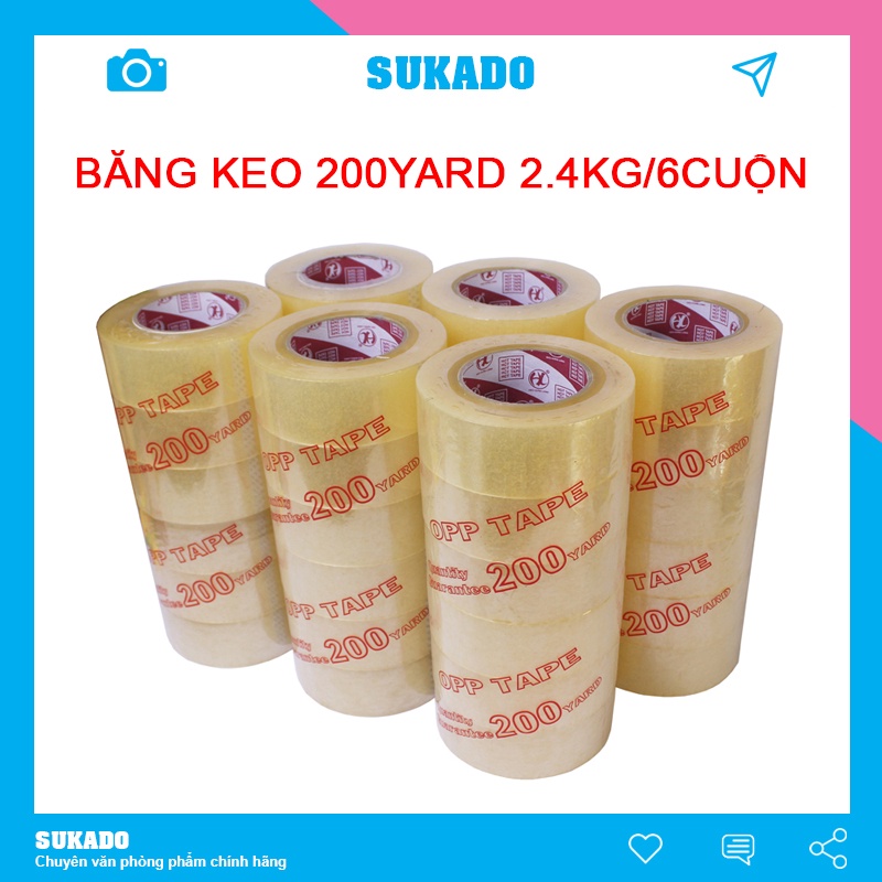 Băng keo trong 200yads 4.8cm [6 cuộn/cây - 2.4kg] dán thùng chống thấm Độ dính 45 SUKADO