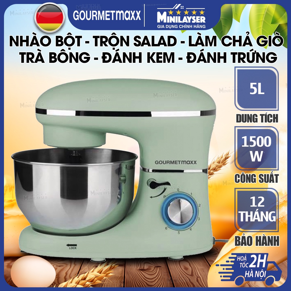 Máy Nhào Bột GOURMETMAXX SM-1504 5L 1500W, Lõi Quấn Đồng Nguyên Chất, Đánh Kem Đánh Trứng Trộn Salad Làm Chả Giò Đa Năng