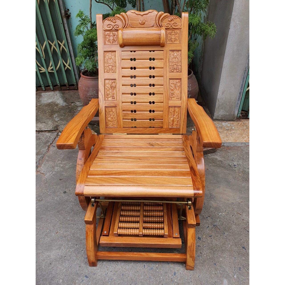 Ghế đu đưa thư giãn mát sa chân gỗ gõ,có điều chỉnh nằm ngồi thoải mái kt 1m18x75