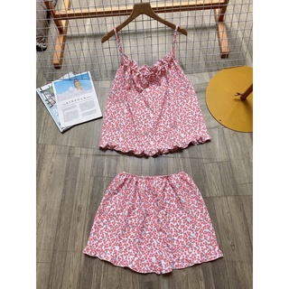 Đồ bộ voan lụa 2 dây viền bèo mặc nhà mát