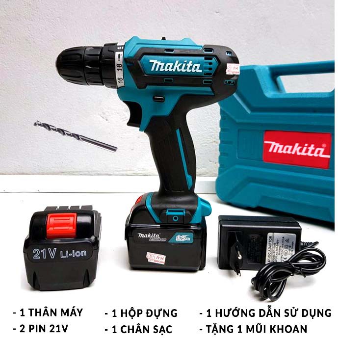 [TẶNG 1 mũi khoan] MÁY Khoan Pin MAKITA 21V (khoan, bắt vít ) - 2 Pin, 100% Đồng - Máy Bắt Vít 21V