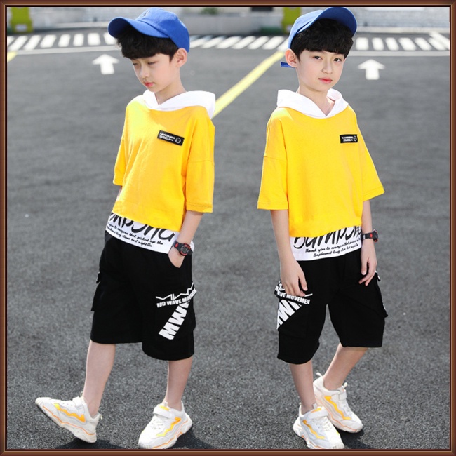 Set Đồ 2 Món Gồm Áo Thun Cotton Tay Cộc Có Mũ Trùm In Chữ + Quần Short Thời Trang Cho Bé Trai