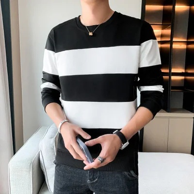 Áo Thun Dài Tay Cổ Tròn Họa Tiết Kẻ Sọc Màu Sắc Tương Phản Thời Trang Thu Đông Cho Nam
