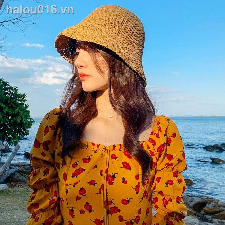 Mũ chống nắng ngoài trời lưới màu đỏ dệt đi biển nhỏ trong lành phong cách Nhật Bản