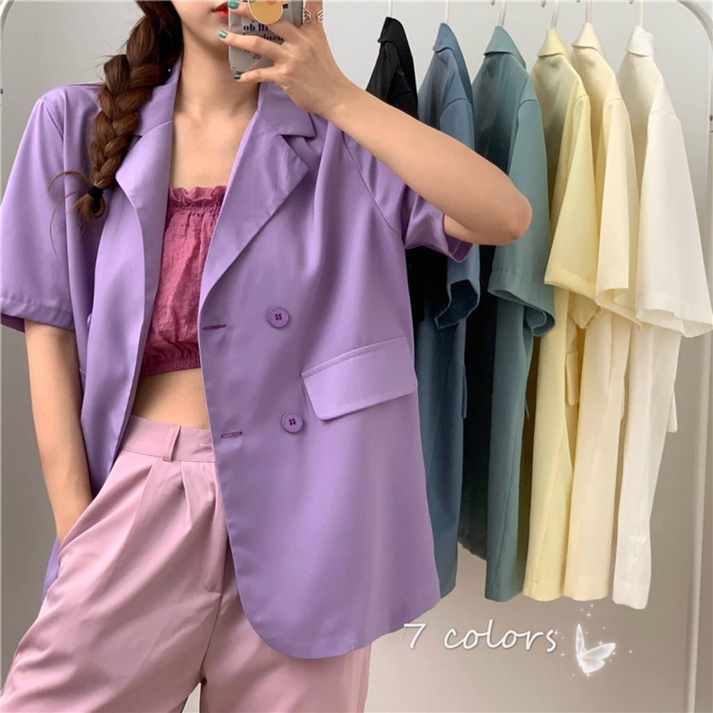 Sezo Áo Khoác Blazer Ngắn Tay Dáng Rộng Mỏng Cổ Điển Hàn Quốc Màu Trơn Cho Nữ Áo Đơn Giản-168