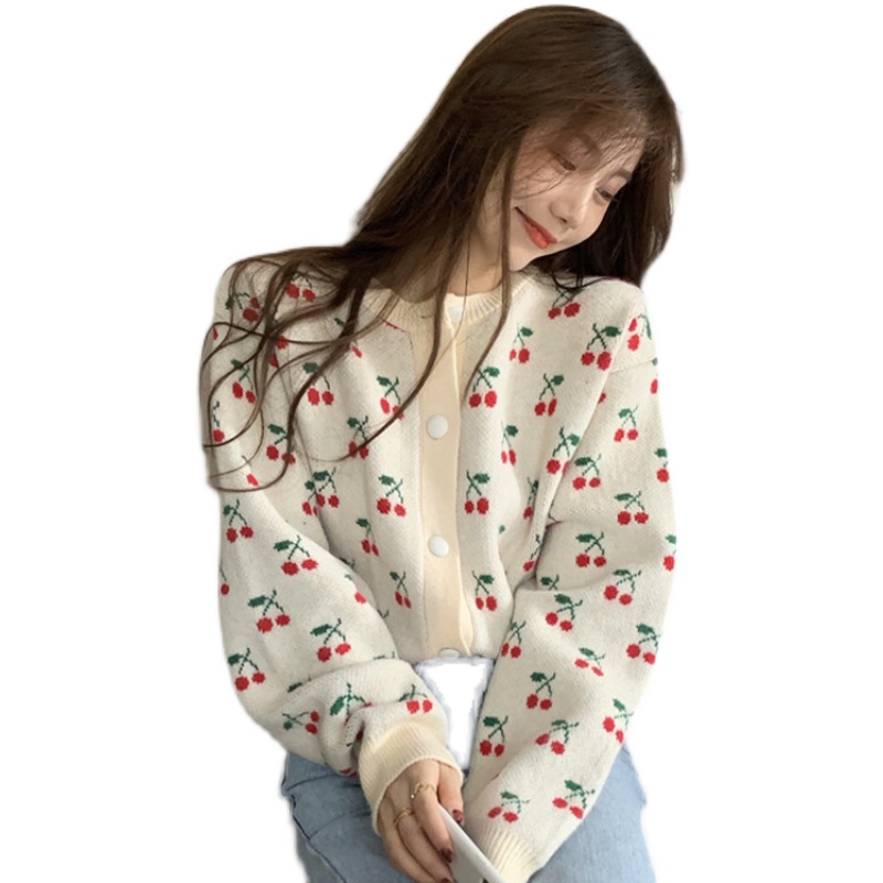 Áo len nữ kiểu, áo cardigan len nữ quả cherry tay dài thời trang đậm chất bánh bèo