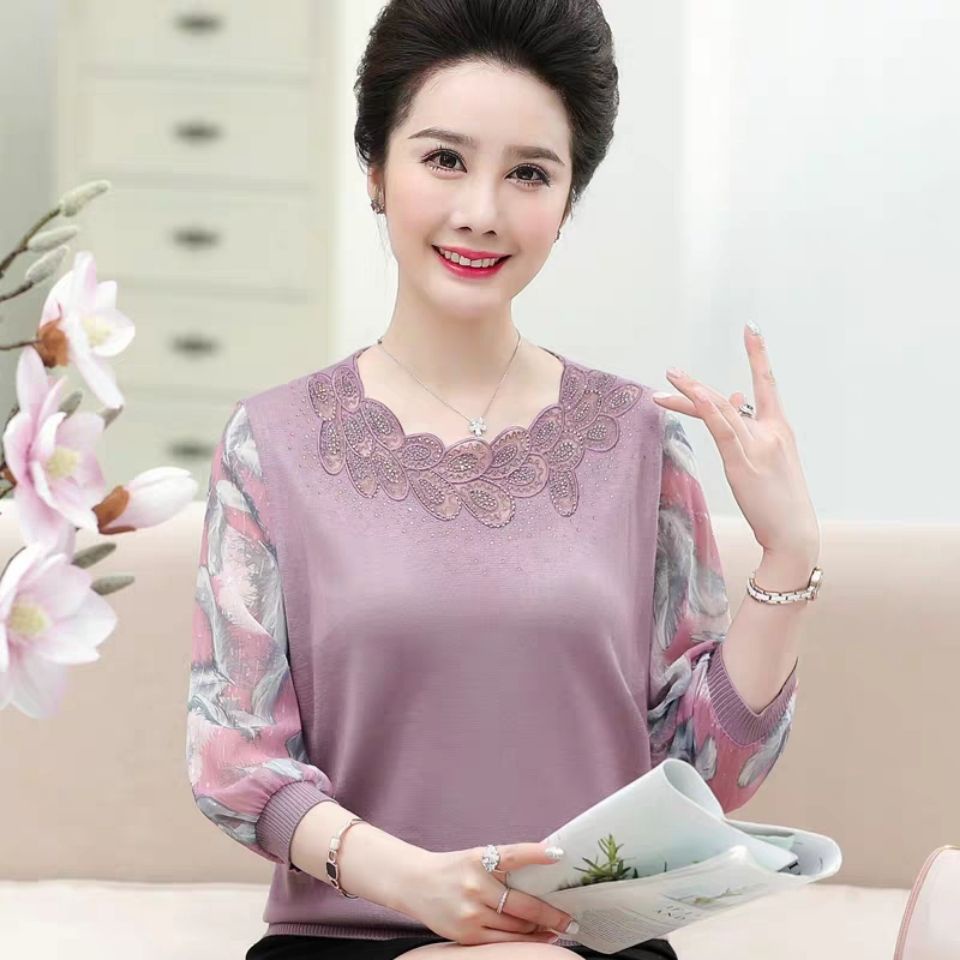 Mùa xuân và thu lỏng lẻo mới hè hàng dệt kim trung niên cao tuổi áo phông đầu của phụ nữ phần mỏng cộng với quần mẹ