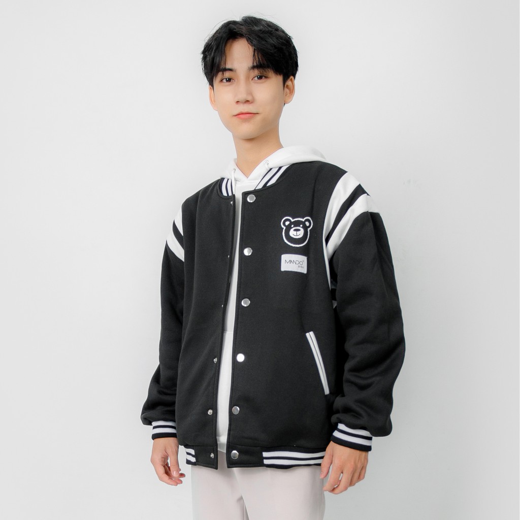 Áo Khoác Bomber Varsity Nỉ Gấu Nam MANDO, Áo Thể Thao Nỉ Bông Cao Cấp Dáng Rộng Basic Varsity Thời Trang Hàn Quốc NDN082