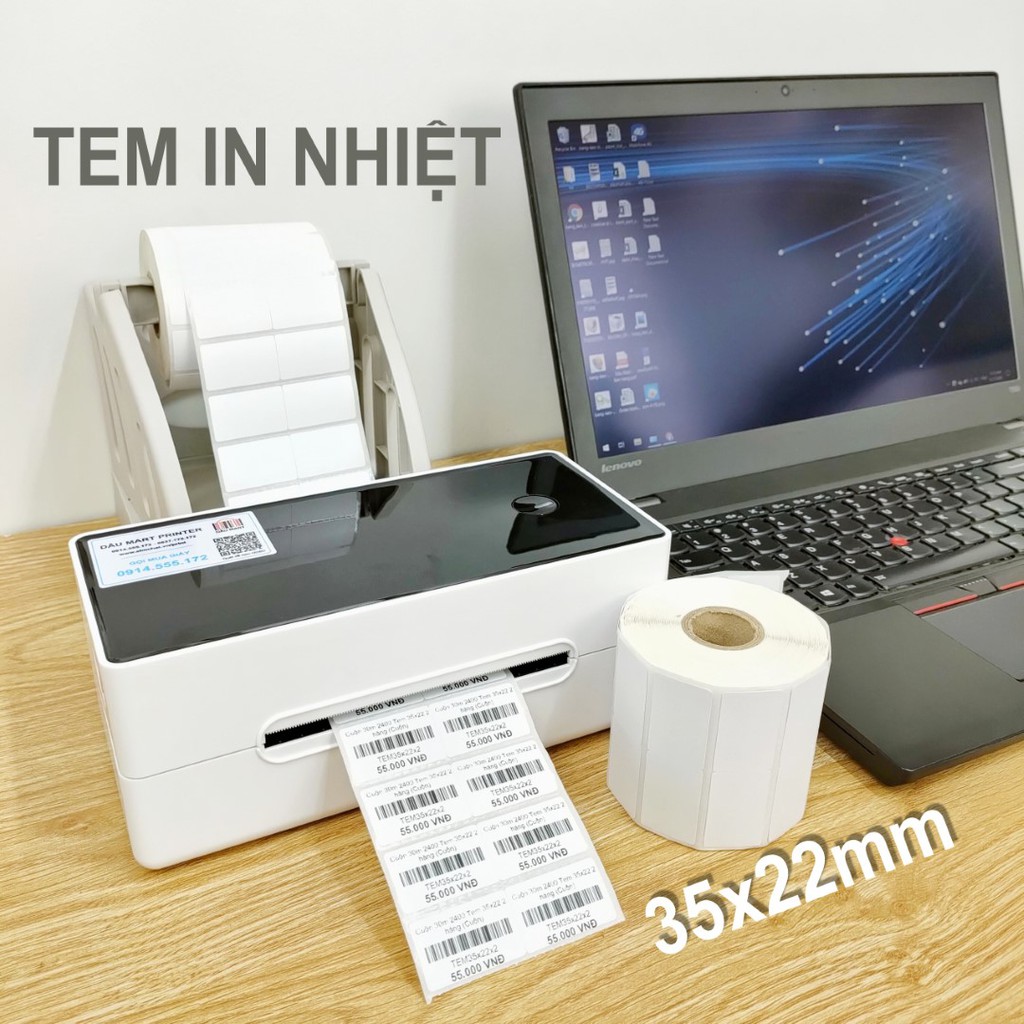 Cuộn 2400 tem decal nhiệt 35x22mm dài 30m dùng in tem sản phẩm mã vạch Minicode dán lên hàng hóa