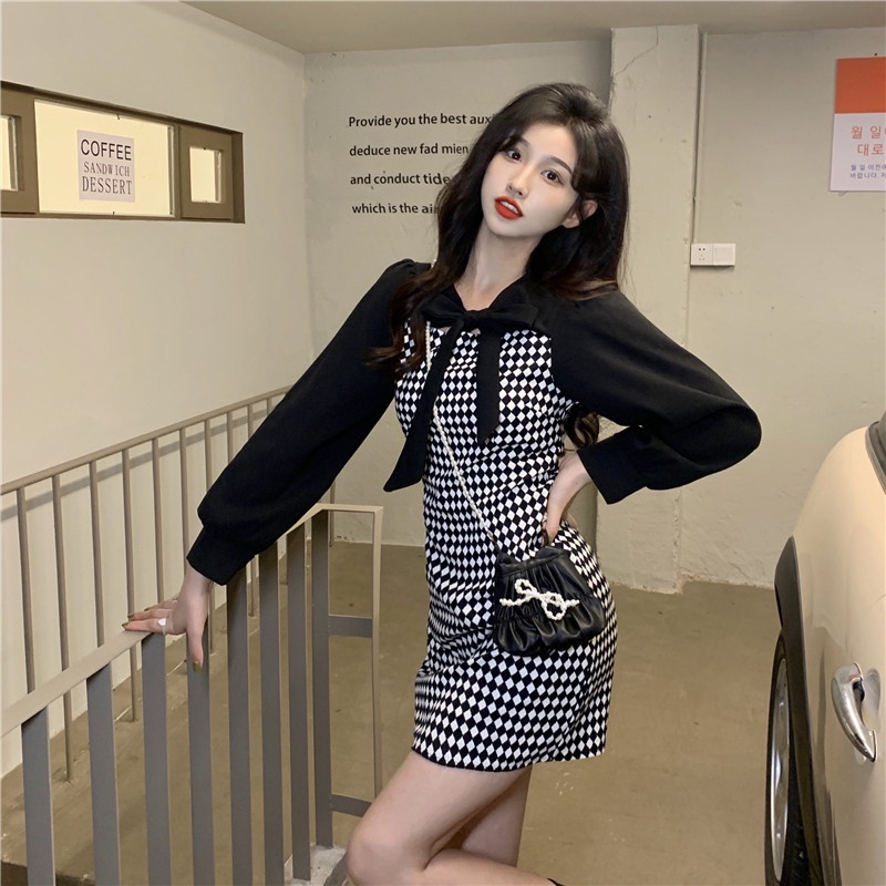 Đầm Perty dáng ôm in sọc caro phong cách Hàn Quốc thời trang mùa thu dành cho nữ