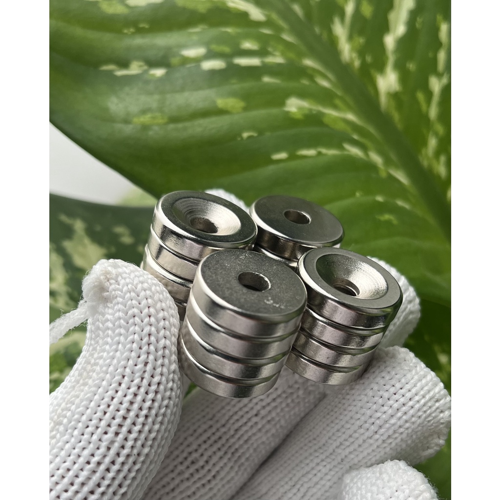 Nam châm tròn lỗ 20x5-5mm trắng đất hiếm lực hút siêu mạnh, viên nam châm tròn lỗ D20x5-5mm mạ niken, nam châm trắng