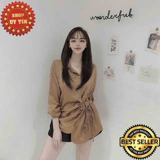 Áo sơ mi nữ HQ form rộng tay dài kiểu babydoll tiểu thư bánh bèo hàn quốc xếp ly eo vạt chéo chất vải Phi Tuyết cao cấp