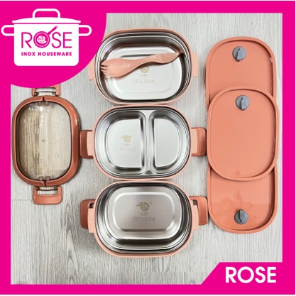 Hộp Đựng Cơm Giữ Nhiệt Ăn Trưa Văn Phòng 3 Ngăn - Nhựa/Lúa Mạch- Kèm Thìa Cao Cấp inox 304