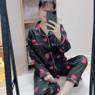 Bộ ngủ pijama lụa kate thái áo dài quần dài bộ mặc nhà mềm mại dễ thương H1 ĐEN TIM