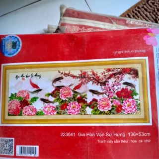 Tranh thêu chữ thập Cửu ngư quần hội tuyệt đẹp KT 136*53cm(hình thât)