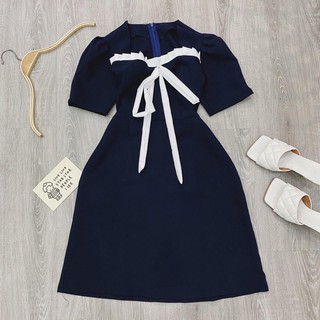 Đầm váy freesize xanh đen phối trắng