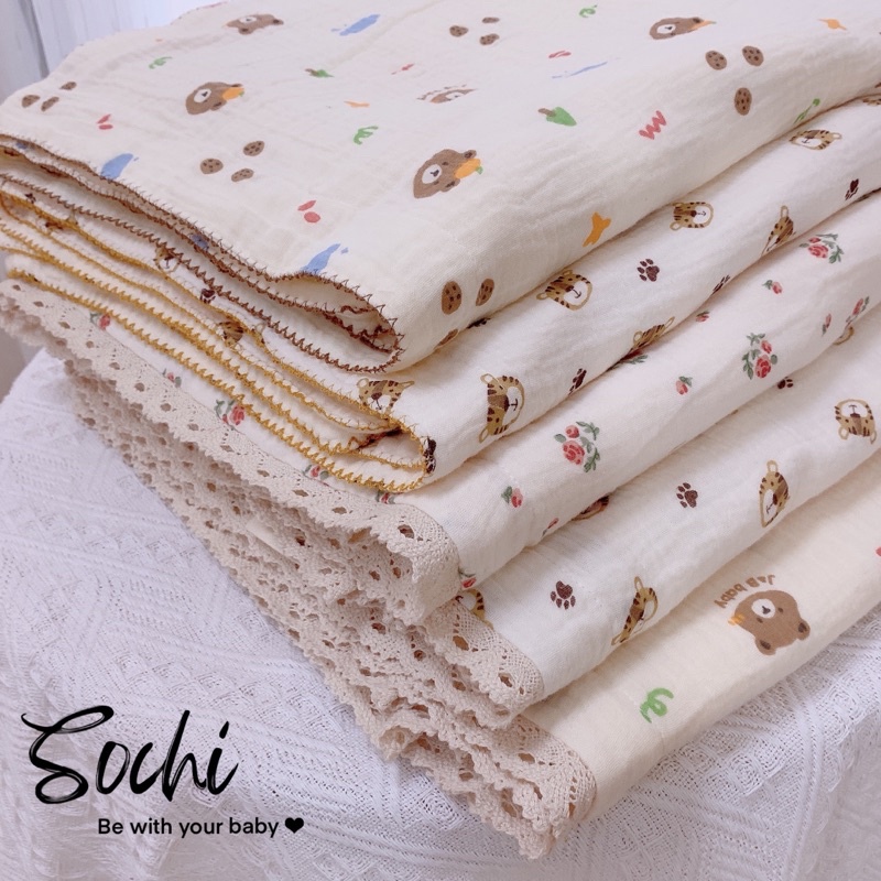 Chăn xô muslin có kèm ruột bông đắp 4 mùa họa tiết đáng yêu cho bé