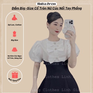 Đầm Nữ Big-Size Cổ Tròn Thiết Kế Cúc Ngọc Nơ Ngực Tay Phồng, Dáng Xòe Sang Chảnh Sinita