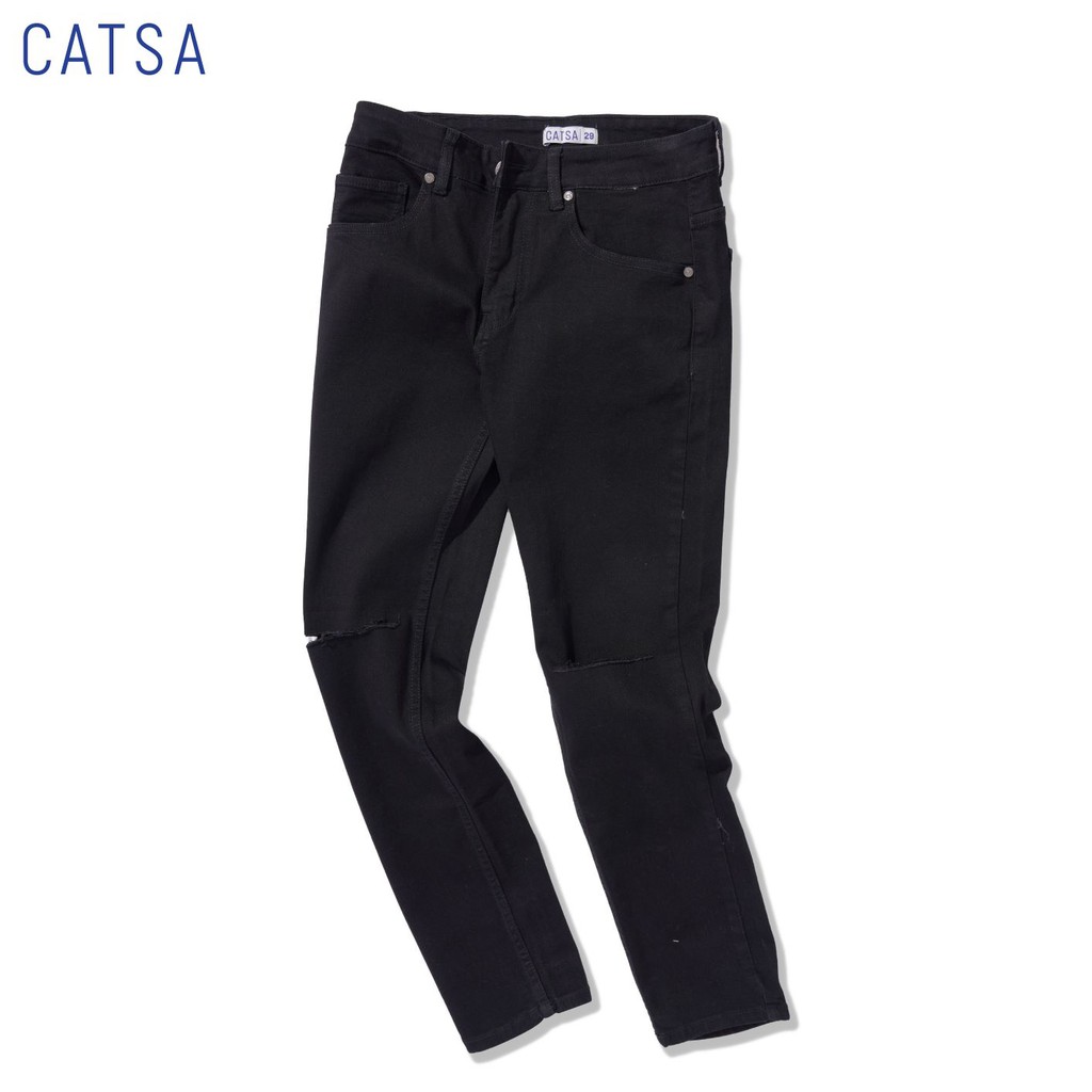 CATSA Quần jeans đen rách gối QDL011