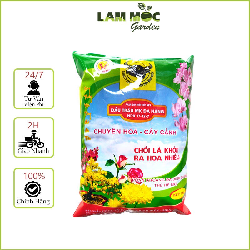 Phân Bón Đầu Trâu Đa Năng NPK 17-12-7+TE Chuyên Dùng Cho Hoa Cây Cảnh Gói 1kg