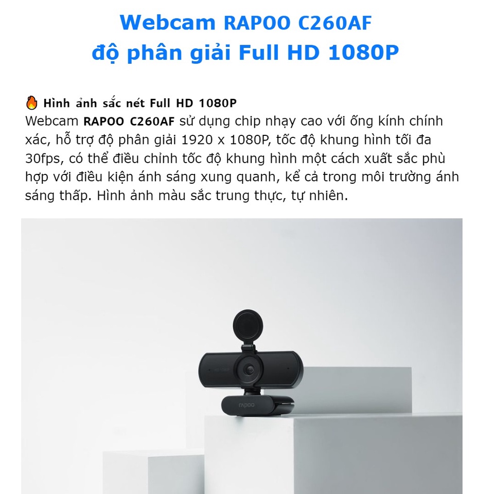 Webcam RAPOO C260AF độ phân giải Full HD 1080P - Hãng phân phối chính hãng - Bảo hành 24 tháng đổi mới