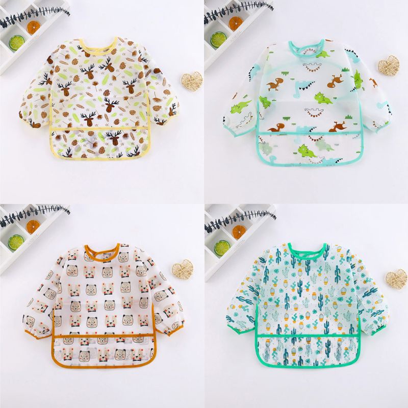 Yếm Ăn Bằng Polyester Tay Dài In Hoạt Hình Dành Cho Trẻ Em
