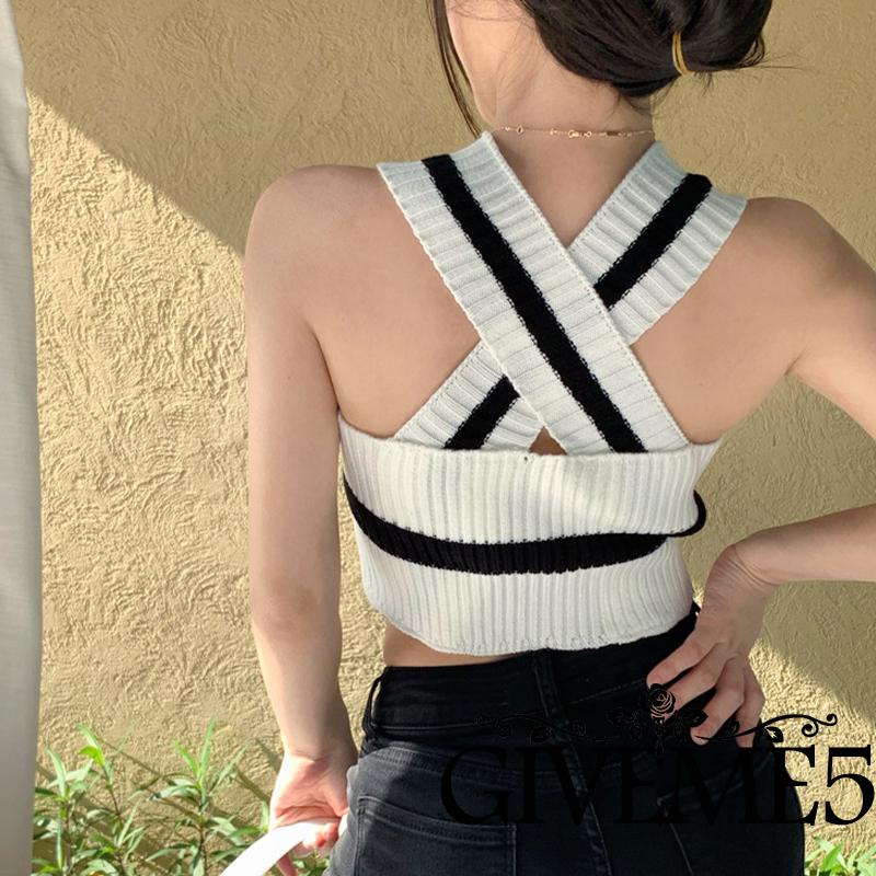 Áo Croptop Dệt Kim Sát Nách Cổ Chữ V Màu Sắc Tương Phản Thời Trang Mùa Hè Cho Nữ