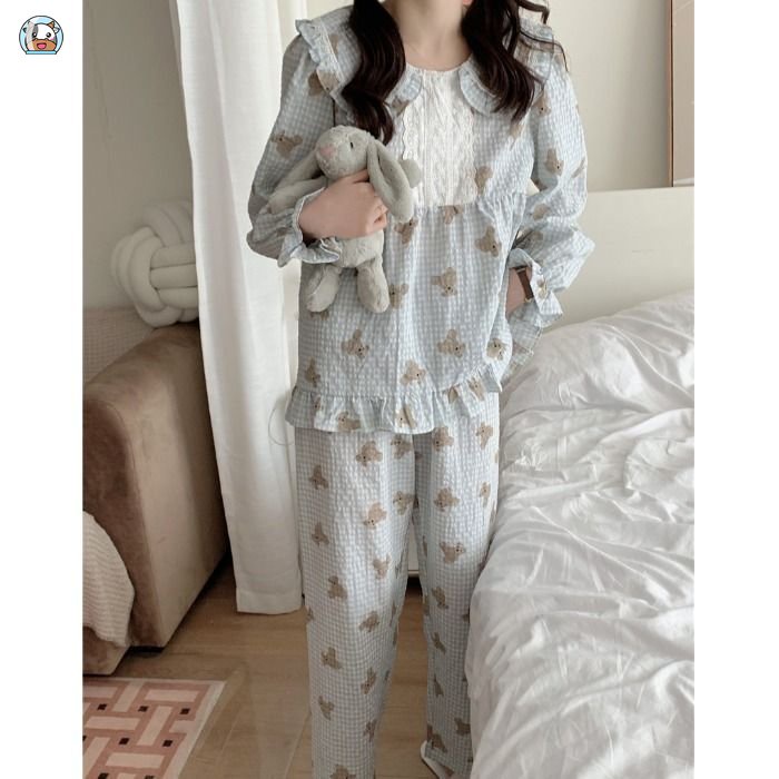 Bộ Đồ Ngủ Dài Tay Dáng Rộng In Hình Gấu Dễ Thương Thời Trang Mùa Xuân Thu Dành Cho Nữ Sinh
