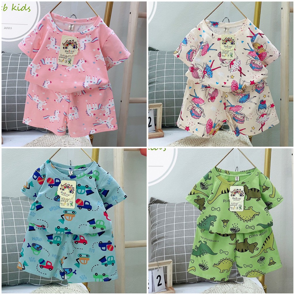 Bộ Cotton Quần Áo Trẻ Em Bé Trai Bé Gái Hoạ Tiết Hoạt Hình Ô tô Khủng Long