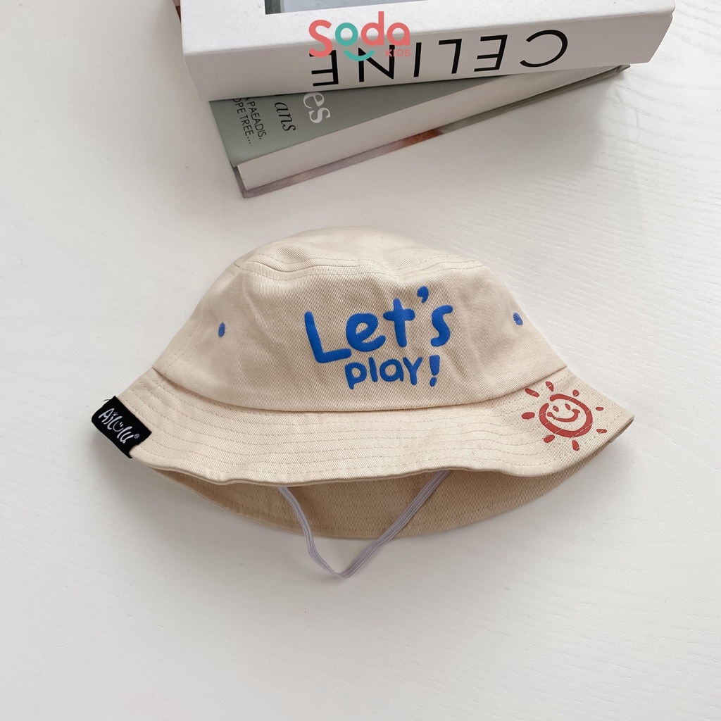 Mũ vành cho bé SODA KIDS let's play in hình mặt trời, chất liệu thô có quai chun (2 màu)