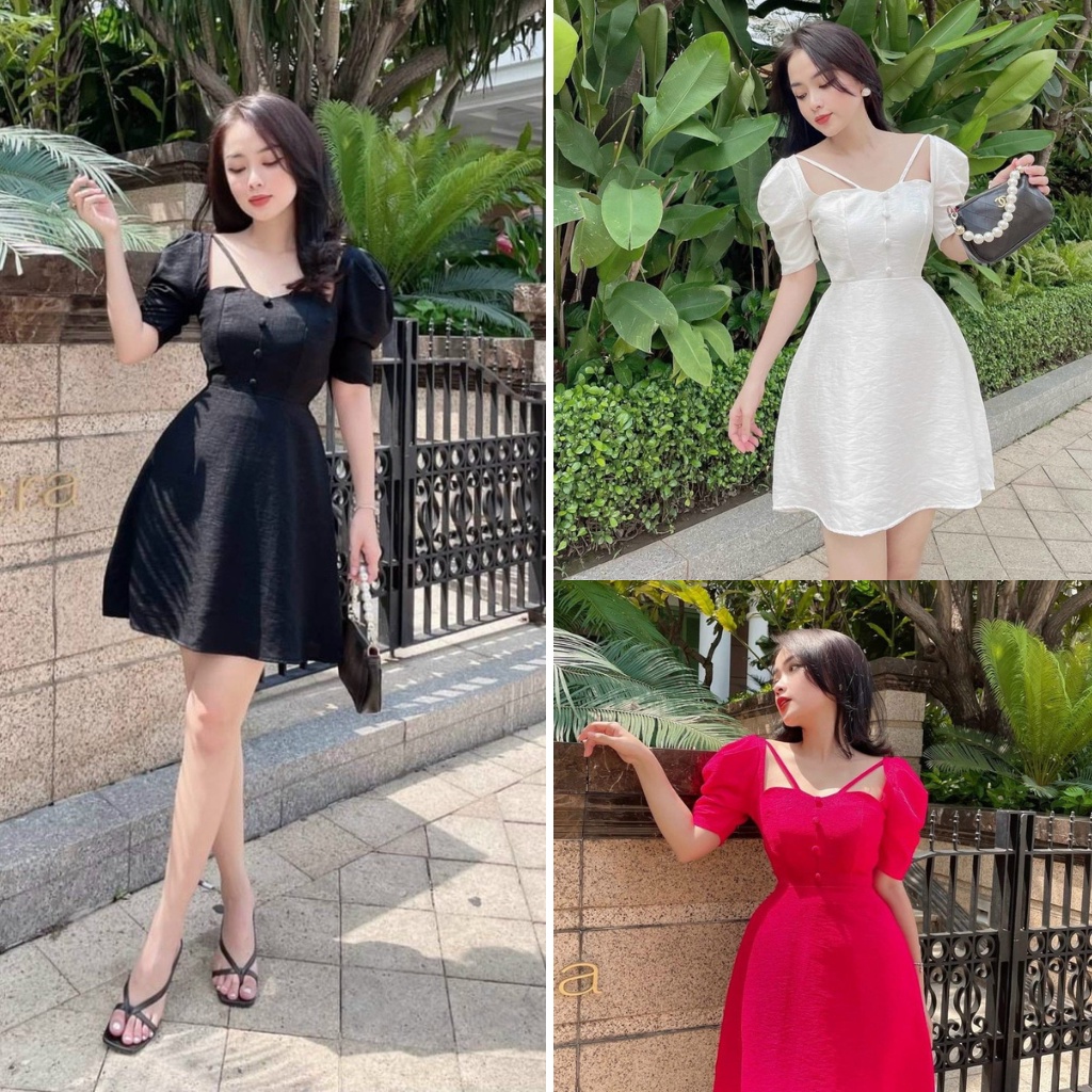 Đầm xòe dự tiệc  tay phồng cổ vuông thiết kế nút bọc tiểu thư sang chảnh đi làm dạo phố XM váy nữ Minh Phúc