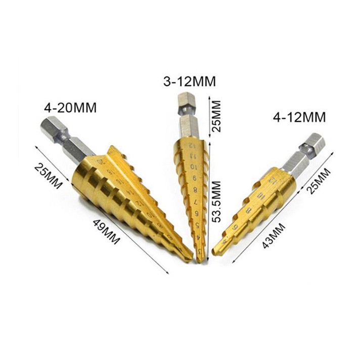 Bộ 3 Mũi Khoan Tháp Chuôi Lục Giác 4-20mm Dùng Khoan Nhôm, mika