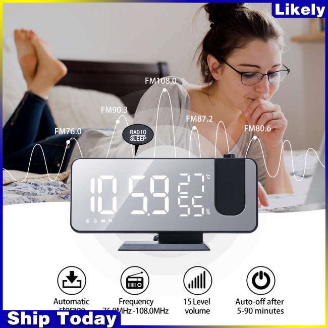 Đồng Hồ Báo Thức Kỹ Thuật Số Có Đèn Led Chiếu Tích Hợp Đài Fm Xoay 180 Độ Độc Đáo