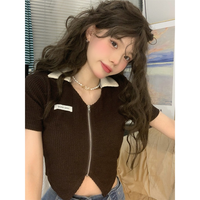 Áo croptop Xiaozhainv tay ngắn phối khoá kéo thiết kế quyến rũ
